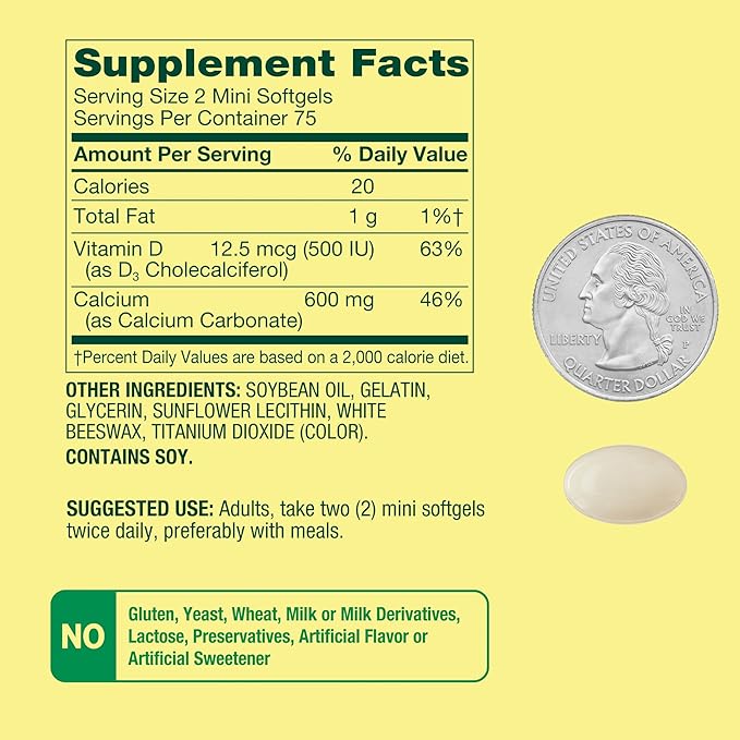 Spring Valley Calcium 600 mg with Vitamin D3 Supplement – 150 Mini Softgels Easy to Swallow Calcium Softgels Bone &amp Teeth Support Gluten Free Daily Calcium Supplement for Adults