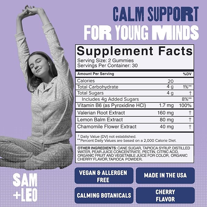 SAM+LEO Relax Gummies with Valerian Lemon Balm &amp Chamomile for Kids &amp Teens – Stress Relief &amp Relaxation Support – Vegan &amp Gluten Free Cherry Flavor (60 Count)