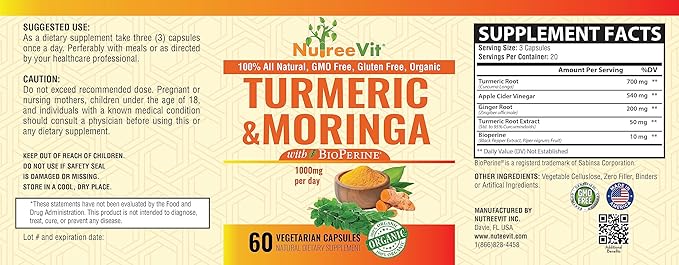 NutreeVit 100% Organic Turmeric Curcumin with Moringa Oleifera and Bioperine Supplement. Made in USA (200 Count)