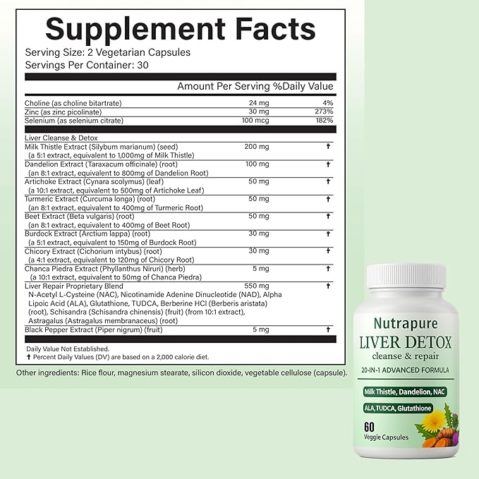 Nutrapure Liver Support Supplement Capsules 20-in-1 Formula with Milk Thistle Turmeric &amp Inositol Antioxidant &amp Daily Wellness Support 60 Veggie Capsules