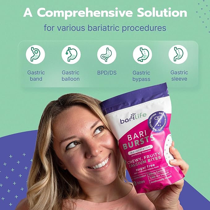 Bari Life Just One Once Daily Bariatric Multivitamin with Iron (90 Tablets) and BariBurst Calcium Citrate Soft Chews for Gastric Bypass Gastric Sleeve and Duodenal Switch (Watermelon)