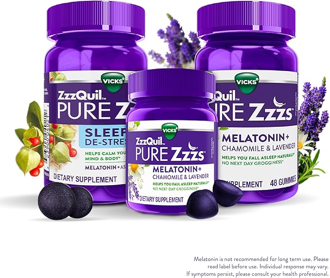 ZzzQuil Pure Zzzs Melatonin Sleep Aid Gummies with Lavender Valerian Root and Chamomile Natural Wildberry Vanilla Flavor Non-Habit Forming Drug-Free 24 Gummies (Pack of 4)