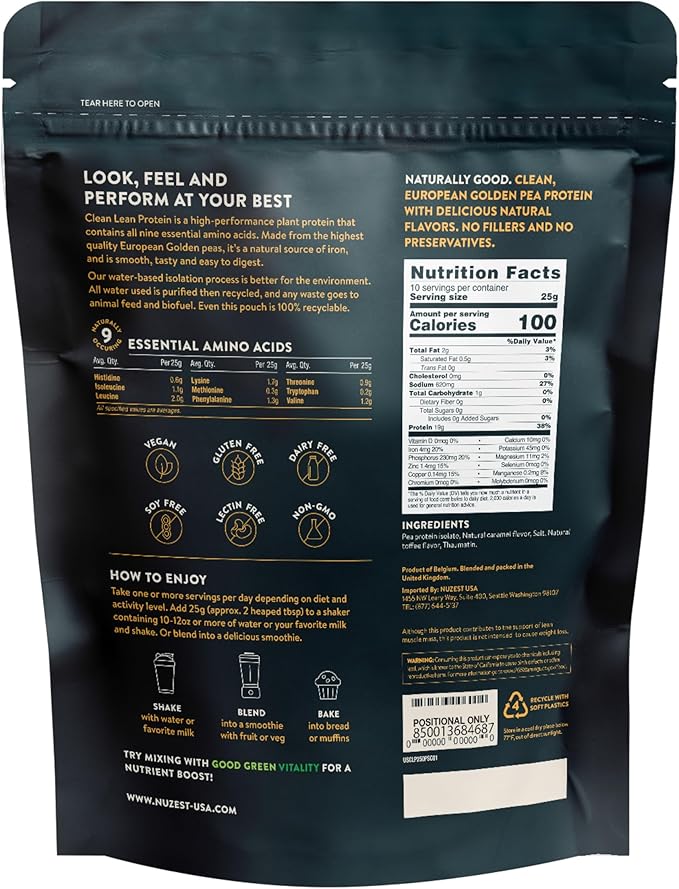 Nuzest - Pea Protein Powder - Clean Lean Protein Premium Vegan Plant Based Protein Powder Dairy Free Gluten Free GMO Free Protein Shake (8.8 Ounce (Pack of 1) Salted Caramel)