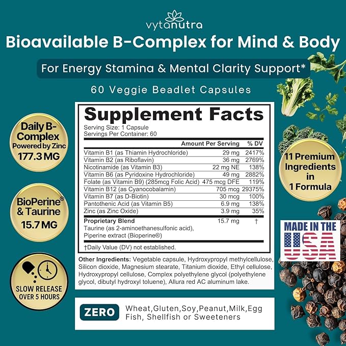 Plus B 11-in-1 Beadlet Capsule – Complete B-Complex with B1 B2 B3 B5 B6 B7 B9 B12 – Timed Release for Energy Vitality Brain Heart Immune Mood &amp Overall Wellness