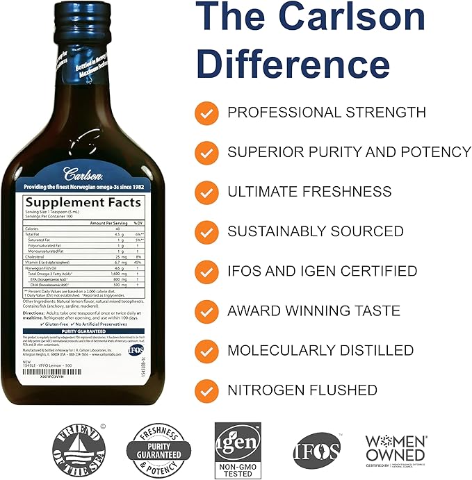 Carlson - The Very Finest Fish Oil Special Edition 1600 mg Omega-3s Liquid Supplement Norwegian Fish Oil Wild-Caught Sustainably Sourced Liquid Lemon 500 mL (16.9 Fl Oz)