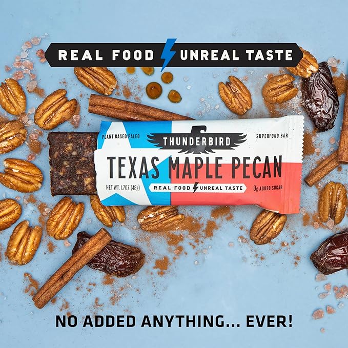 Thunderbird Bars Energy Snack Gluten-Free with Protein Healthy Real Food Vegan Paleo Non-GMO No Added Sugar Texas Maple Pecan Flavor (12 Count 1.7 oz. Bars)