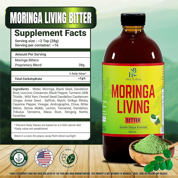 Herb To Body Moringa Bitters Liquid - 16oz Herbal Blend with Moringa Leaf and Root Natural Detox and Digestive Bitters for Daily Balance and Vitality