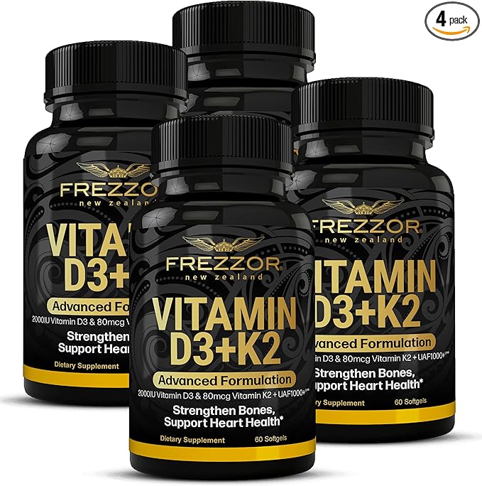 FREZZOR Vitamin D3 and K2 Caps High Potency D3 2000IU and K2 (MK7) 80mcg Unique VIT D3 from 100% New Zealand Sheep's Wool Lanolin Cardiovascular Support &amp Bone Health 240 Softgels 4 Month Suppl