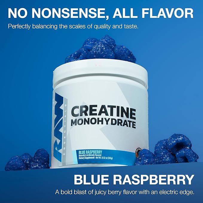 RAW Nutrition Creatine Monohydrate Powder Blue Raspberry (30 Servings) - Micronized Creatine Monohydrate Supplement for Workout Performance Build Muscle &amp Strength - Creatine Powder for Men &amp