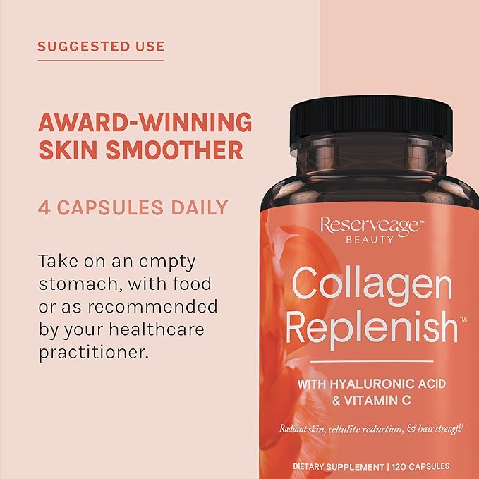 Reserveage Beauty Collagen Replenish - Collagen Booster &amp Supplement for Healthy Skin Care &amp Hair Growth - Supports Natural Elastin Production - 120 Capsules (30 Servings)