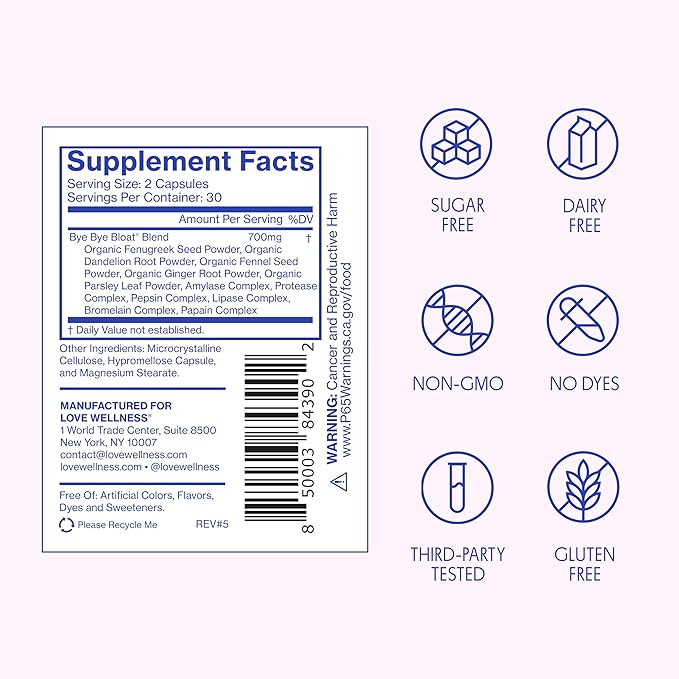 Love Wellness Bye Bye Bloat | Digestive Enzymes for Fast Acting Bloating Relief for Women | Helps Reduce Water Retention &amp Gas Relief | Supports Digestive Health with Fenugreek &amp Dandelion | 6
