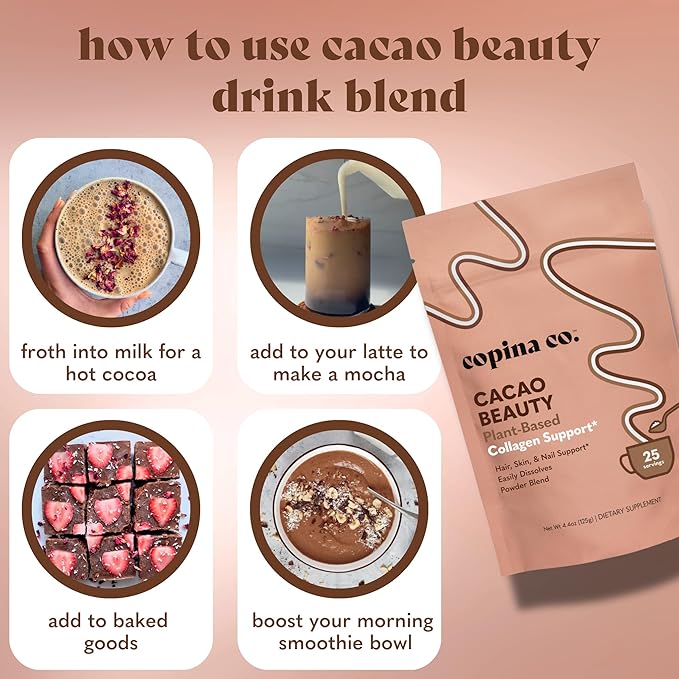 Copina Co. Cacao Beauty Vegan Collagen Booster Drink Blend: Plant-Based Collagen Support Smoothie Drink Vegan Creamy Blend | Cacao Flavor | 1 Bag - 25 Servings per Bag