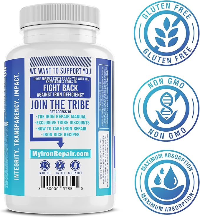 Iron Repair Simply Natural Iron Supplement Best Absorption &amp Gentle on Stomach Monash Low FODMAP Raise Hemoglobin &amp Ferritin Iron Pills for Women Men Teens &amp Pregnancy 90 Bovine Gela