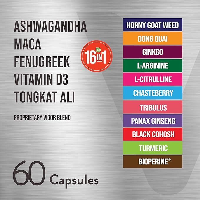 Viteey Ashwagandha Maca Fenugreek Supplement with Tongkat Ali – Drive Passion &amp Energy Support for Men &amp Women – Mood Calm &amp Stress Support - 60 Capsules