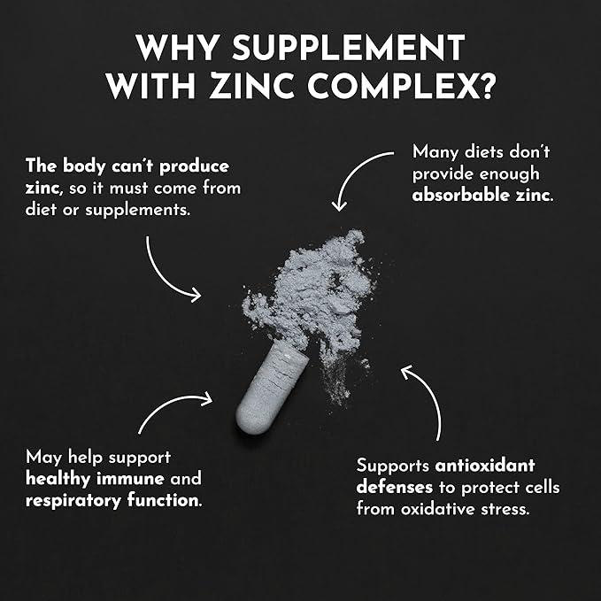 Zinc Complex – Highly Absorbable Supplement with Picolinate &amp Bisglycinate Plus Quercetin Resveratrol L-Histidine &amp Copper – Supports Immune Function Skin Energy &amp Cellular Health
