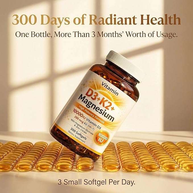 Vitamin D3 K2 Magnesium Bone &amp Muscle Support 10000 IU D3 with 200 mcg K2 MK-7 Magnesium Glycinate &amp Zinc Citrate 300 Softgels