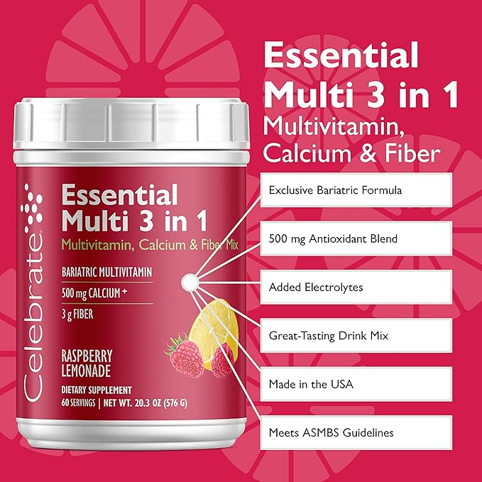 Celebrate Vitamins 3-in-1 Bariatric Multivitamin with Calcium Citrate Drink Mix - 500mg Calcium Gluten Free Sugar Free - Powder Blend for Post Bariatric Surgery - Rasp Lemonade (60 Servings)