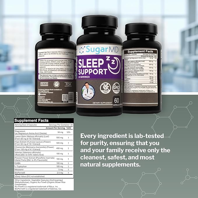 SugarMD Sleep Support Supplement – 60 Sleep Capsules with Lemon Balm Valerian Root Hops Extract Chamomile Extract &amp BioPerine – Non-GMO &amp Gluten Free – Sleep Supplememts for Adults (30-Day