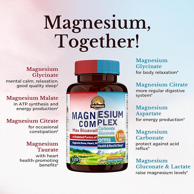 Vitalitown Magnesium Bundle (Pack of 2) | 4-in-1 &amp 6-in-1 Magnesium Complex | for Bone &amp Muscle | Magnesium Glycinate Magnesium Citrate | 120 Magnesium Capsules
