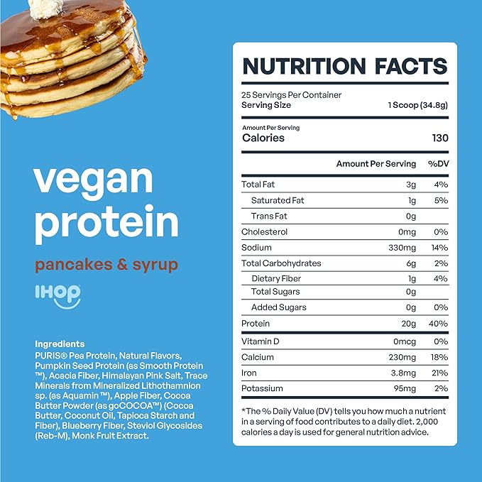 BE AMAZING Vegan Protein Powder IHOP Pancakes &amp Syrup 20g Plant Based Protein with Prebiotic Fiber Low Carb Dairy and Gluten Free Shake Mix No Added Sugar 29.3 oz 25 Servings