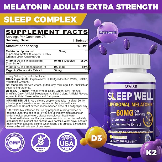 Melatonin 60mg for Adults High Dose Supports Deep Rest &amp Brain Cognition Extra Strength Liposomal Melatonin with Vitamin D3 K2 Chamomile for Sound Zzz Cycle Immune &amp Antioxidant 150 Soft