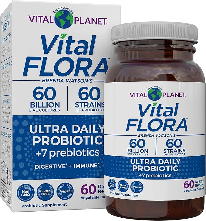 Vital Planet - Vital Flora Ultra Daily Probiotic 60 Billion CFU Diverse Strains Organic Prebiotics Immune Support Bloating Relief Digestive Health Probiotics for Women and Men 60 Capsules