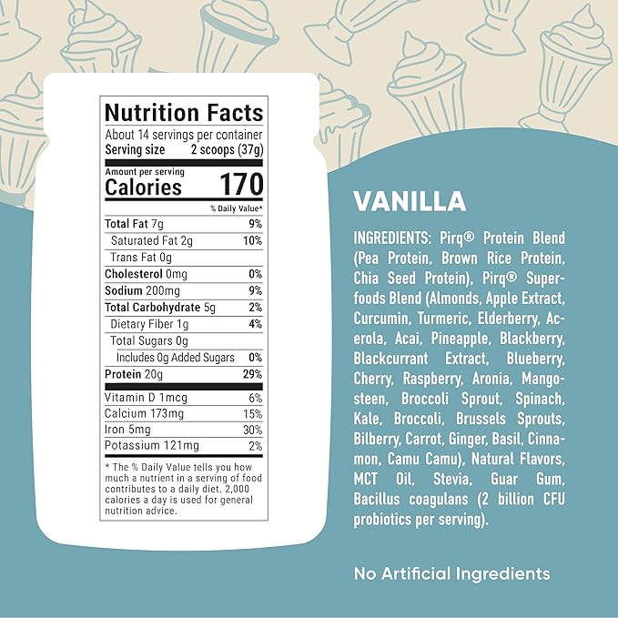 Pirq Dairy Free Protein Powder with 20g Protein 2B CFU Probiotics 25 Superfoods Greens and Fruits Vegan 0g Sugar (14 Servings) (Vanilla)