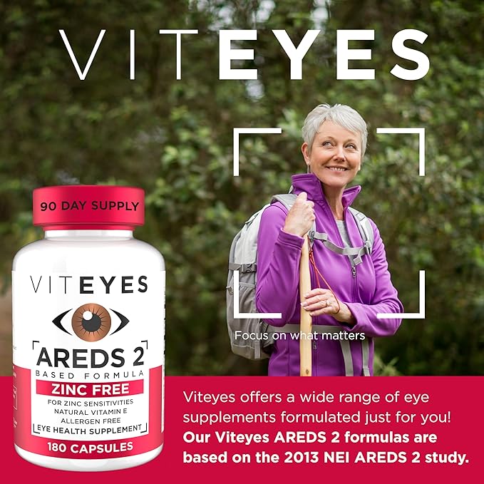 Viteyes AREDS 2 Zinc Free Macular Support Natural Allergen Free Capsules with Vitamin E Vitamin C Lutein &amp Zeaxanthin No Zinc No Copper Eye Doctor Trusted Manufactured in The USA 180 Ct