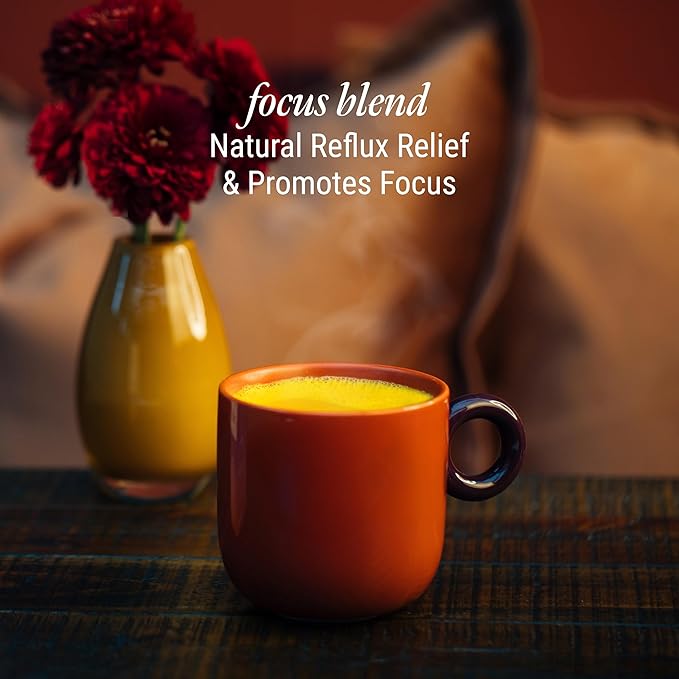 REFLUX GOURMET Golden Comfort Focus Blend–Natural Reflux Relief &amp Cognitive Boost–Turmeric Latte with Lion’s Mane Turkey Tail Red Reishi Chaga and Cordyceps–Max Absorption Curcuminoids–14 ct