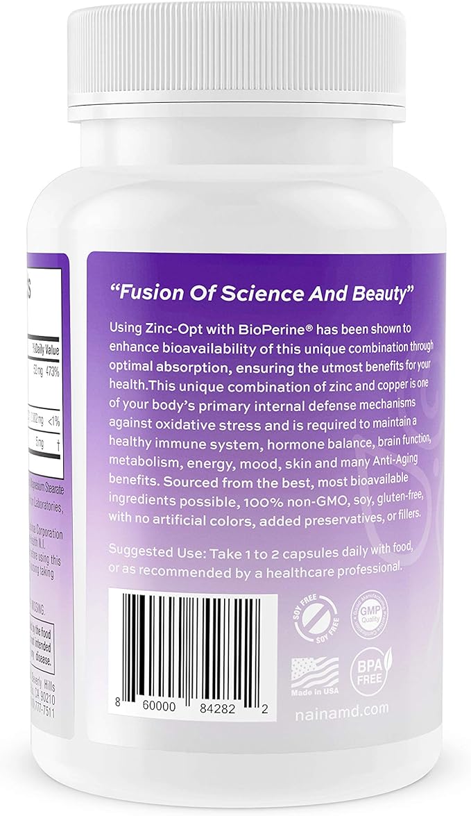 ZINC-Opt 60ct Superior Formula w/BioPerine is Packed w/52mg Zinc 2mg of Copper Supports Antioxidant Immunity Homormal Health for Men Women &amp Children