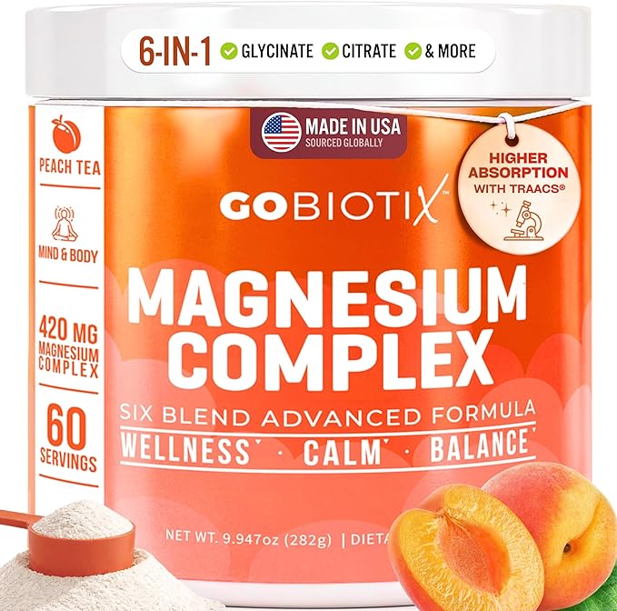 GoBiotix Magnesium Glycinate Powder – Cortisol Supplements for Women and Men – High Absorption Magnesium Complex Calm Supplement with Citrate Malate – Sugar Free – 420 mg 60 Servings - Peach Tea