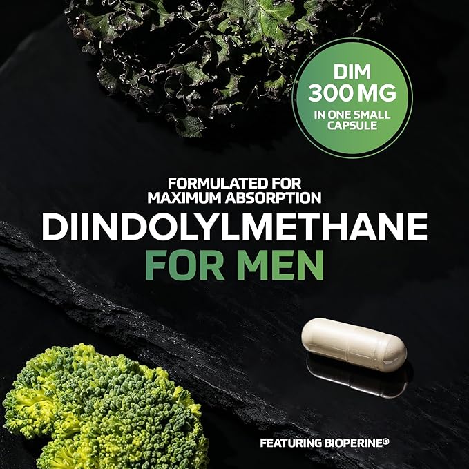 DIM Supplement for Men 300mg | Estrogen Blocker &amp Aromatase Inhibitor | Extra Strength Men’s Hormone Balance &amp Fitness Booster with Diindolylmethane Plus CDG &amp Broccoli Floret | Gluten-Fre
