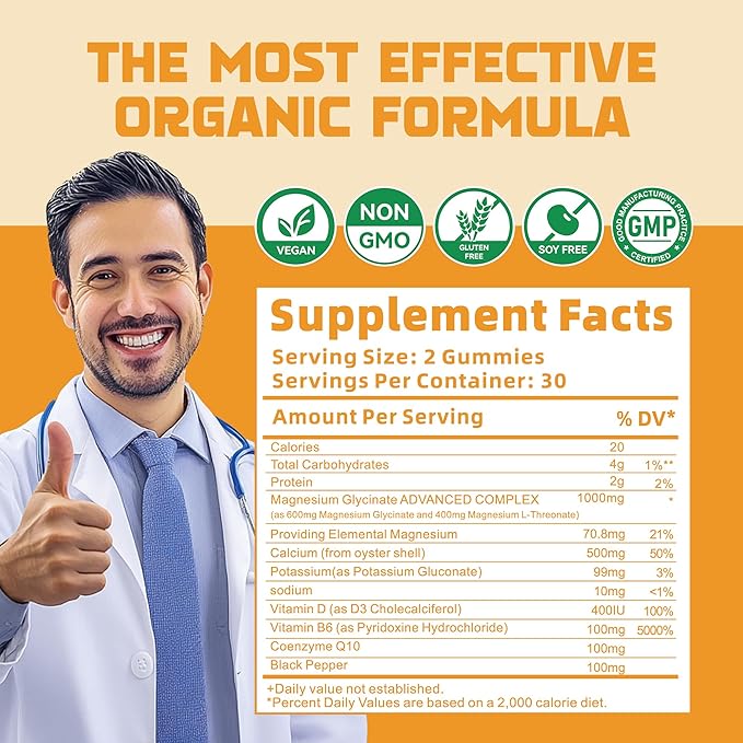 Magnesium Glycinate Gummies 1000mg - Sugar Free Magnesium Potassium Supplement with Vitamin D B6 CoQ10 for Calm Mood &amp Sleep Support - 120 Orange Gummies 2 Pack