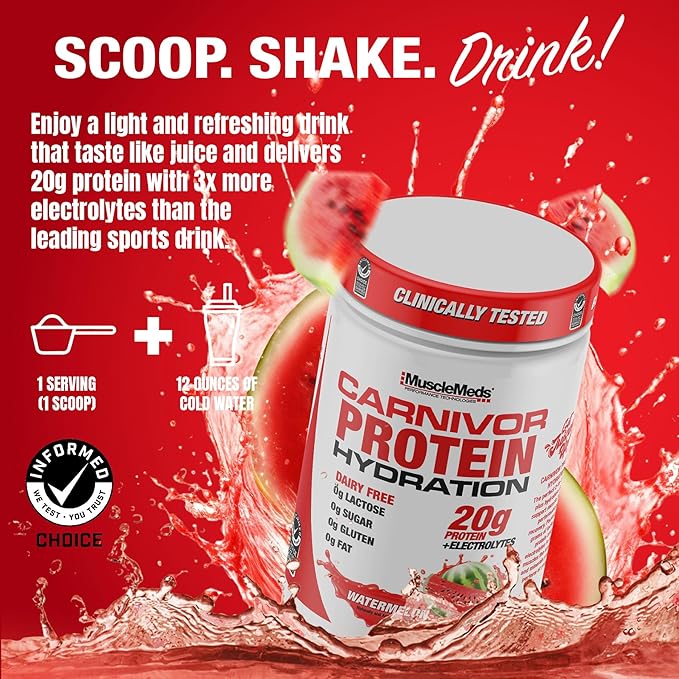 MuscleMeds Carnivor Protein Hydration Drink Powder 20g Refreshing Protein Isolate Lactose Free Sugar Free Electrolytes Muscle Building Recovery Halal Certified Watermelon 20 Serve