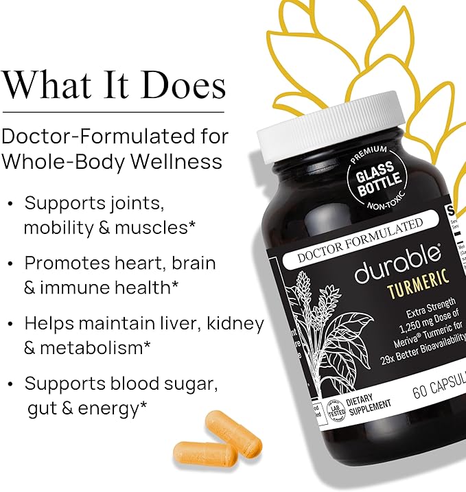 Durable Turmeric - 1250 mg Meriva Curcumin 29X More Absorption + Boswellia – Joint Comfort Mobility &amp Healthy Inflammation – Doctor Formulated Vegan Non-GMO Made in USA (180 Capsules)