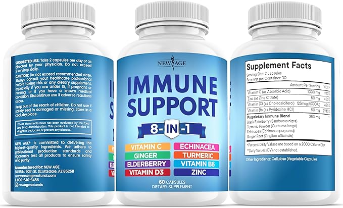 8 in 1 Immune Support Booster Supplement with Echinacea Vitamin C and Zinc 50mg Vitamin D 5000 IU Turmeric Curcumin &amp Ginger B6 Elderberry (8 in 1 Capsules (Pack of 3))