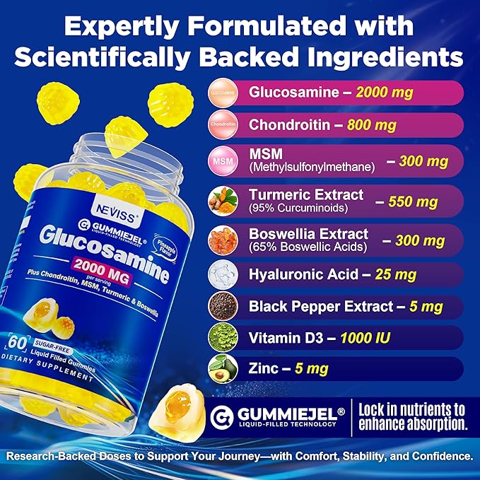 Sugar Free Glucosamine Chondroitin MSM Gummies - Max Strength Mobility Supplement for Women &amp Men w/ Glucosamine Sulfate 2000mg Boswellia Curcumin &amp Hyaluronic Acid - Flexibility Support - 6