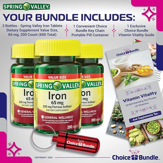 Spring Valley Iron 65 mg Tablets Ferrous Sulfate Value Size 200 Ct 3 Pk (600 Total) + Vitamin Vitality &amp Pill Container (5 Items)!