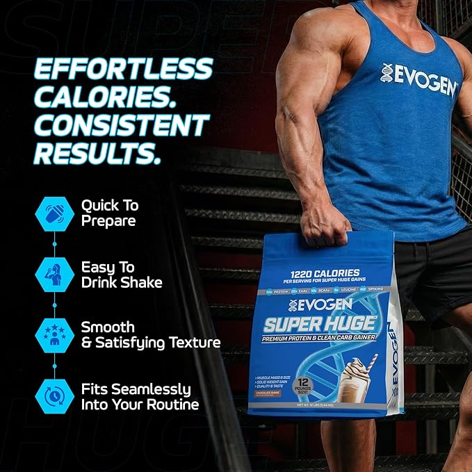 Evogen Super Huge Mass Gainer Protein Powder | 50g Protein Chocolate Shake | High Calorie Weight Gainer for Men &amp Women with Carbs &amp Nutrients | Strength &amp Weight Gain Support