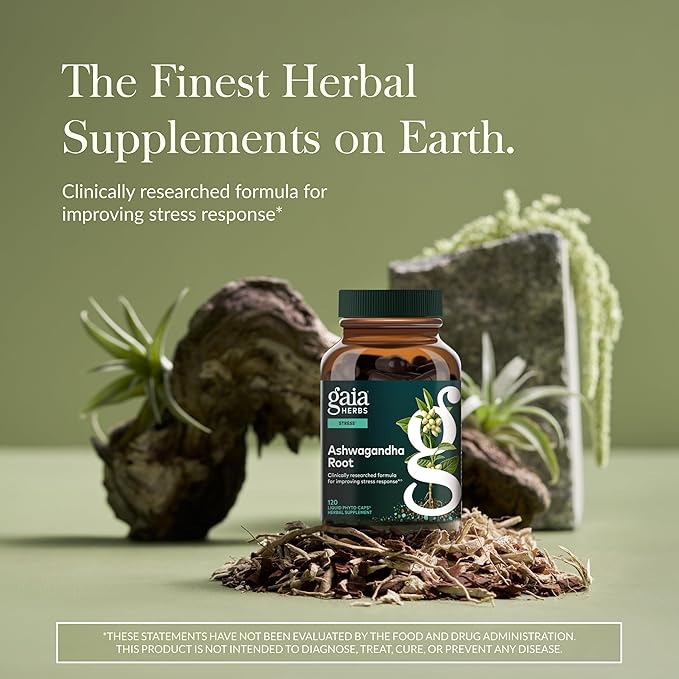 Gaia Herbs Ashwagandha Root - Stress Relief &amp Sleep Support Supplement - Supports Balanced Energy Levels &amp Positive Outlook* - 120 Vegan Liquid Phyto-Caps (60 Servings)