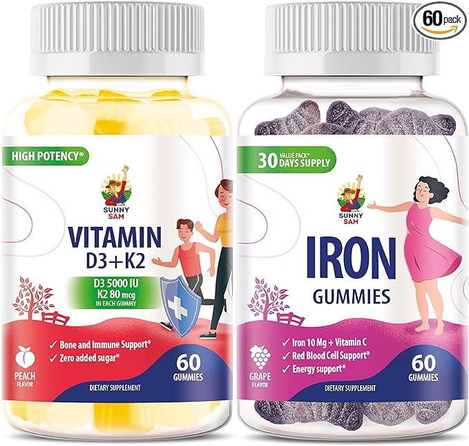 SUNNY SAM Vitamin D3 K2 Gummies 5000 IU &amp Iron Vitamins with Vitamin C