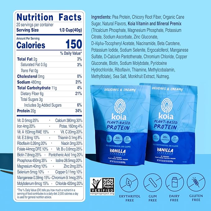 Koia Plant Based Protein Powder Vanilla 20g Protein 3g Sugar 6g Prebiotic Fiber Pre &amp Post Workout 21 Vitamins &amp Minerals No Seed Oils Dairy-Free Gluten-Free Non-GMO 20 Servings 28