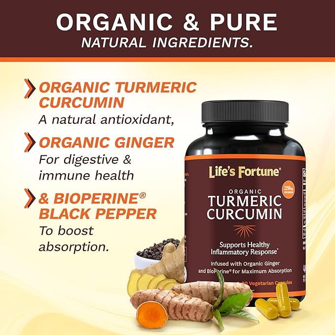 Life's Fortune Organic Turmeric Curcumin with Black Pepper and Ginger Enhanced Absorption Extra Strength Supplement Joint &amp Immune Support Non-GMO 90 Cap - 2250mg