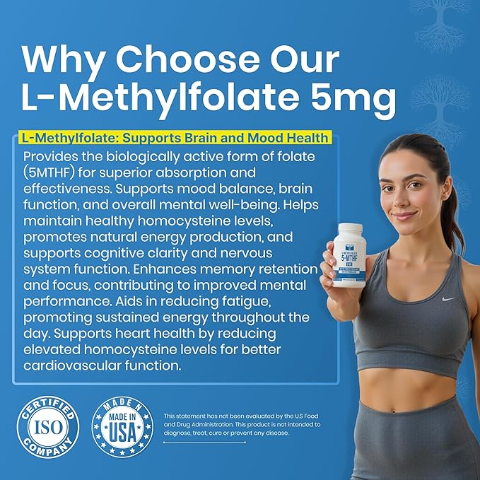 L Methylfolate 5mg | 90 Capsules | Optimized &amp Highly Bioactive Methyl Folate Supplement | 5-MTHF Supports for Energy Focus &amp Mood | Non-GMO Gluten Free Vegan | 3 Month Supply
