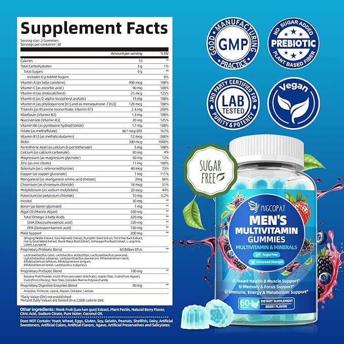 Multivitamin for Men Mens Multivitamins Gummies w/Omega-3 Probiotics Inositol Folate Biotin Zinc Vitamins A C D E B Support Heart Brain Muscle Energy Sugar-Free Berry Flavor