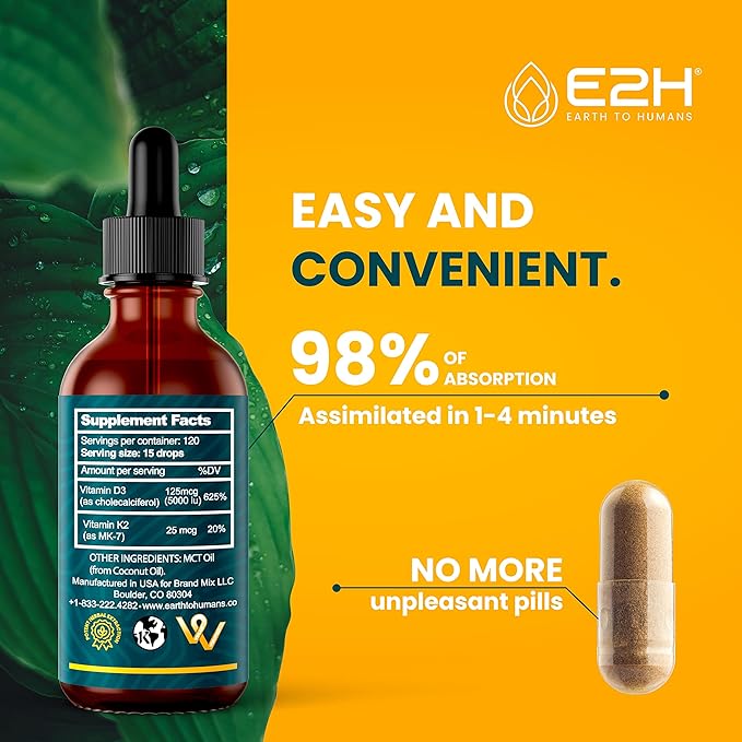 E2H EARTH TO HUMANS Vitamin D3 &amp K2 Supplement for Immune Support - Liquid Vitamin D3 5000 IU - Made in The USA | Non-GMO Vegan - (2 Bottles)