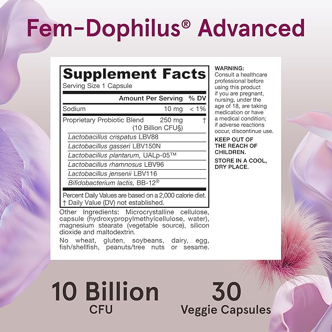 Jarrow Formulas Fem-Dophilus Advanced Probiotics 10 Billion CFU with 6 Science-Backed Strains for Vaginal Urinary Tract Digestive and Immune Support 30 Veggie Capsules Shelf-Stable Pack of 12