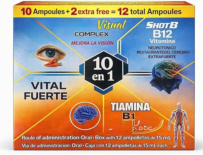 10 en1 Hierro B Complex Complejo B 1000 Shot | Multi-VitaminsCalcium L-Lysine | Box with 12 Ampoules of 15ml | Energy Cognitive Function and Metabolic Health Boost Botella
