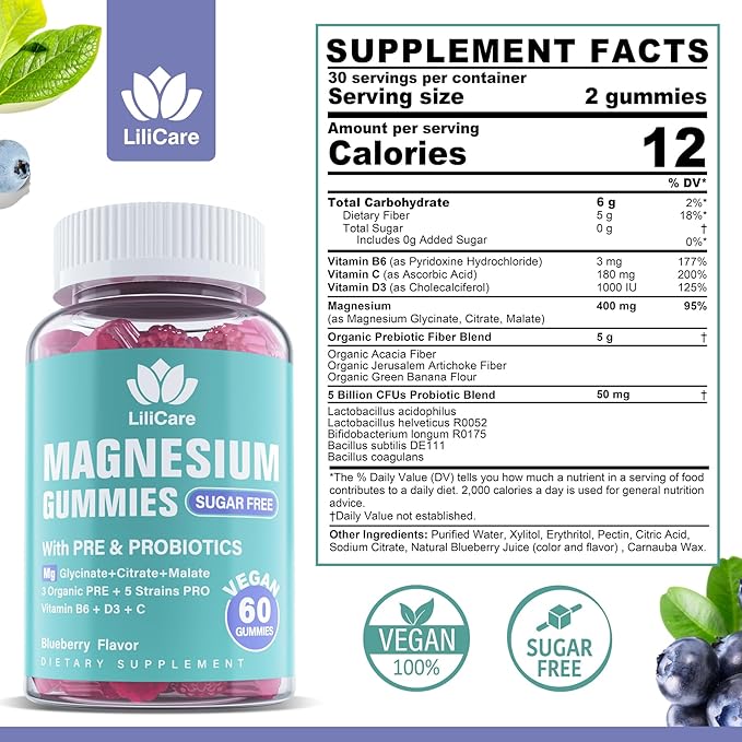 Sugar Free Triple Magnesium Gummies 400mg with Prebiotics &amp Probiotics for Muscles &amp Mood + Multivitamin with Glucosamine Chondroitin MSM for Flexibility &amp Immune Support for Men &amp Wom