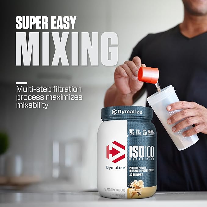 Dymatize ISO100 Whey Protein Powder Isolate Gourmet Vanilla 25g of Protein 5.5g BCAAs Less Than 120 Cal. Gluten Free 1g Fat 1g Sugar 2g Carb (20 Servings)